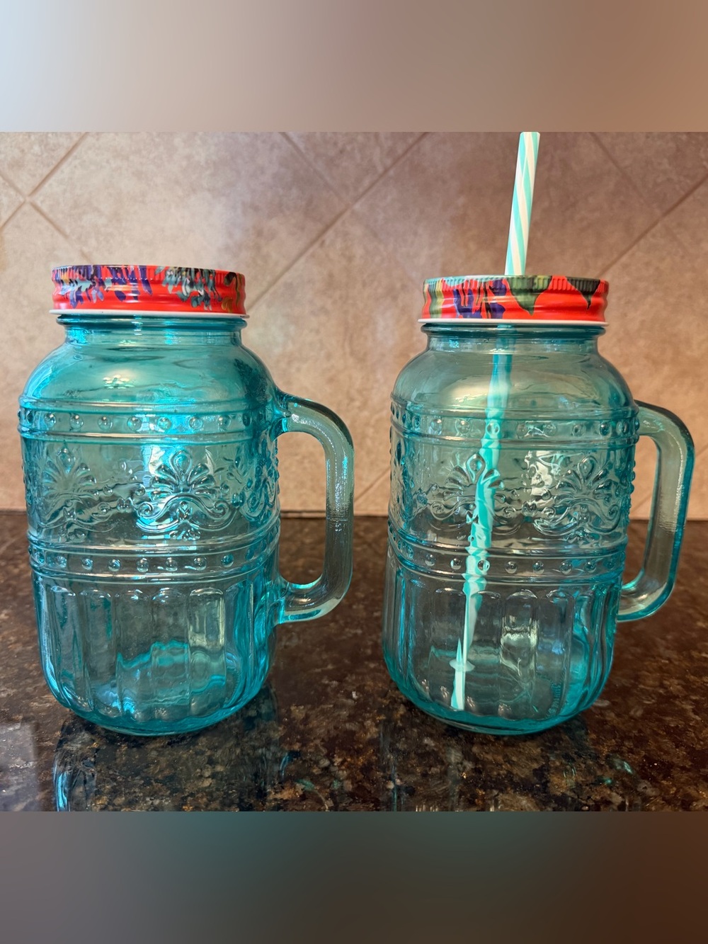 Pioneer Woman Turquoise Glass Mason-Style Drinking Jar with Handle and Straw
